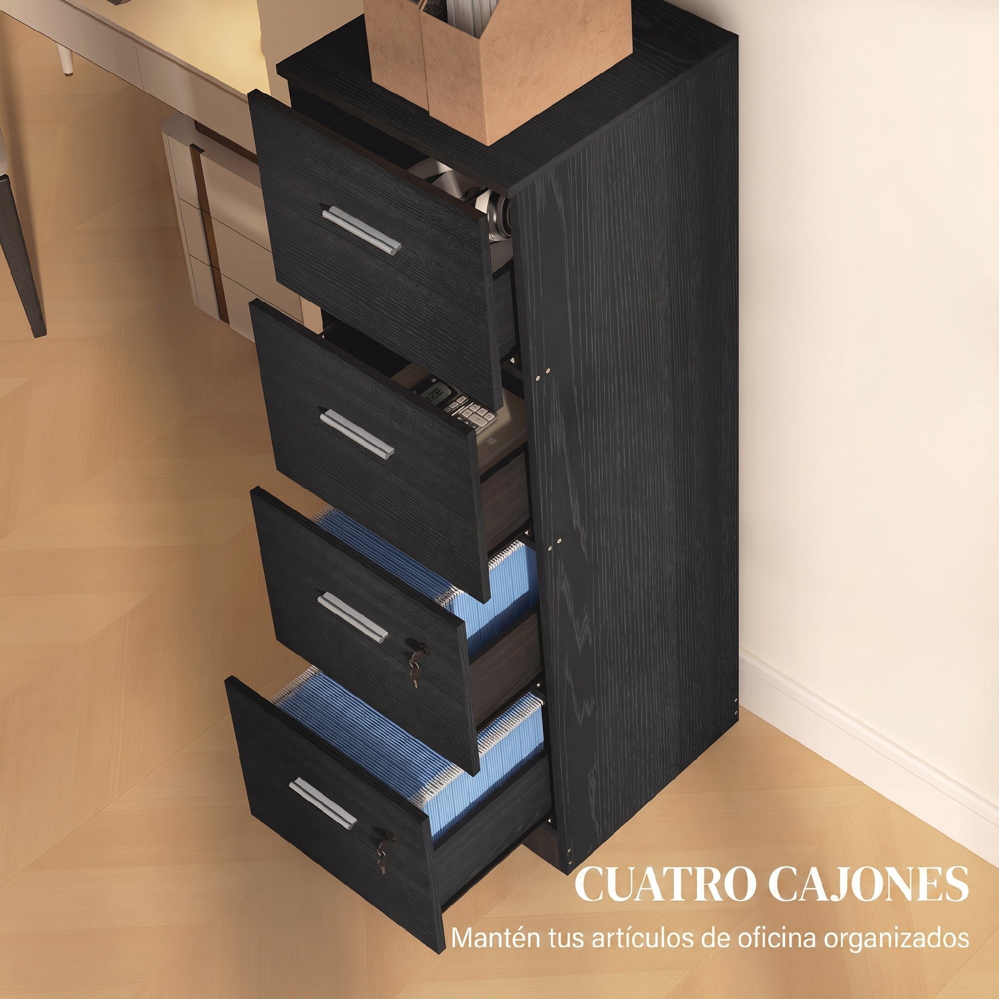 Cajonera Escritorio con 4 Cajones, Cajonera de Oficina con Cerraduras, Barras Ajustables para Archivos Tamaño A4 y Carta, Archivador para Estudio, Salón, 40x42x130,8 cm, Negro