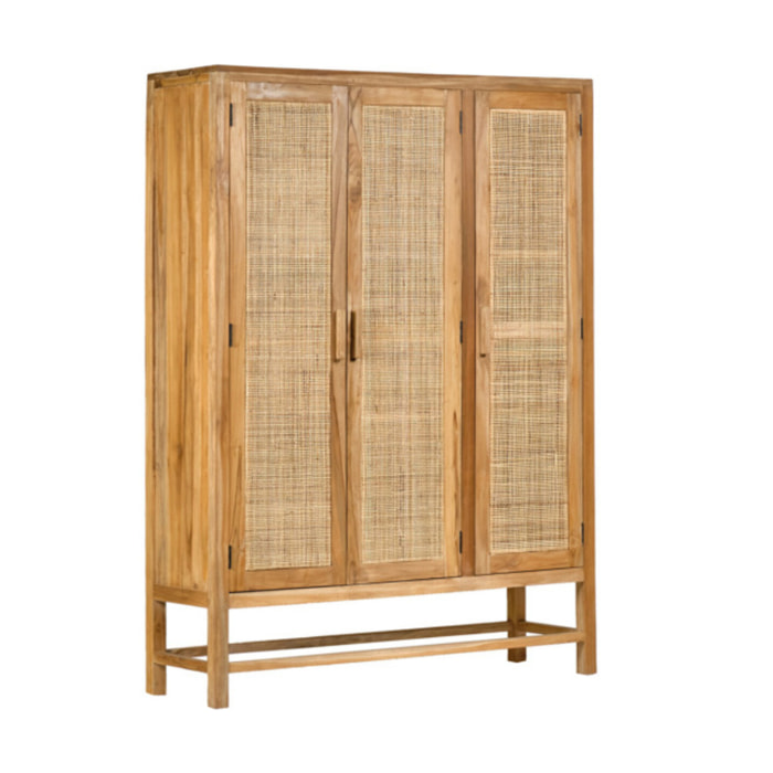 Armoire haute 3 portes en rotin et bois massif de teck - LINA