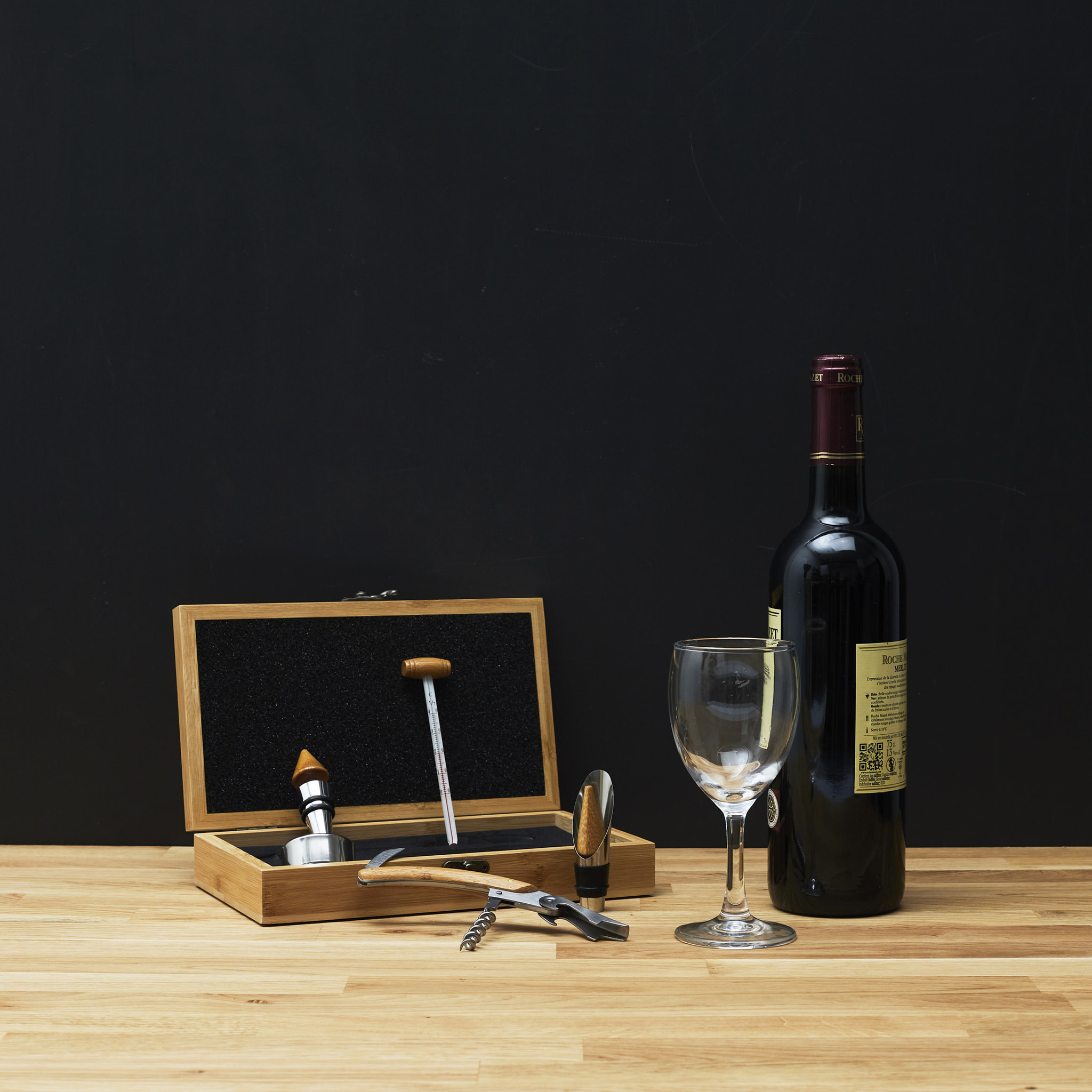 Coffret En Bambou Pour Le Vin 5 Accessoires