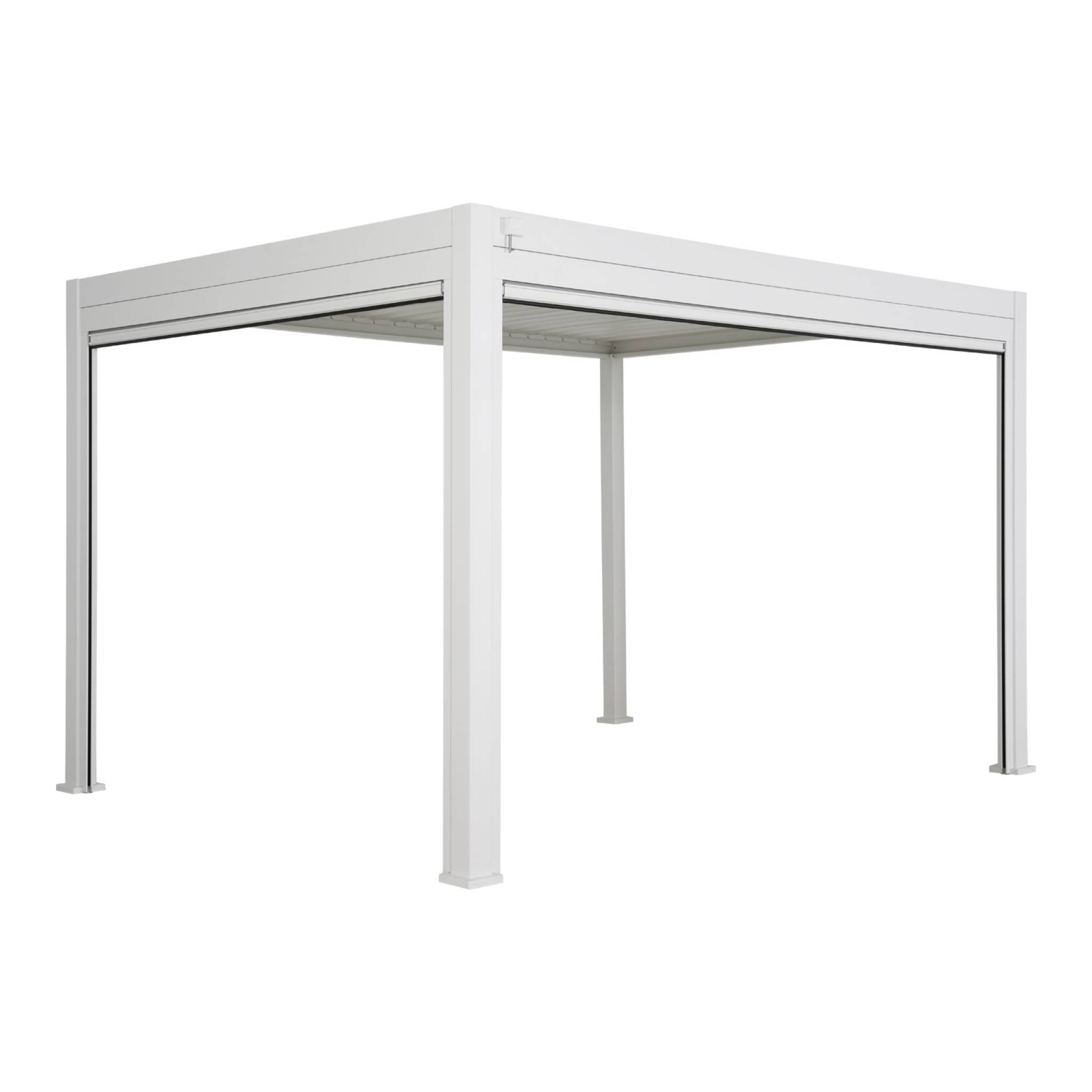 Pergola Bioclimatique blanche 300 x 400cm. aluminium à lames orientables + store 300cm + store 400cm