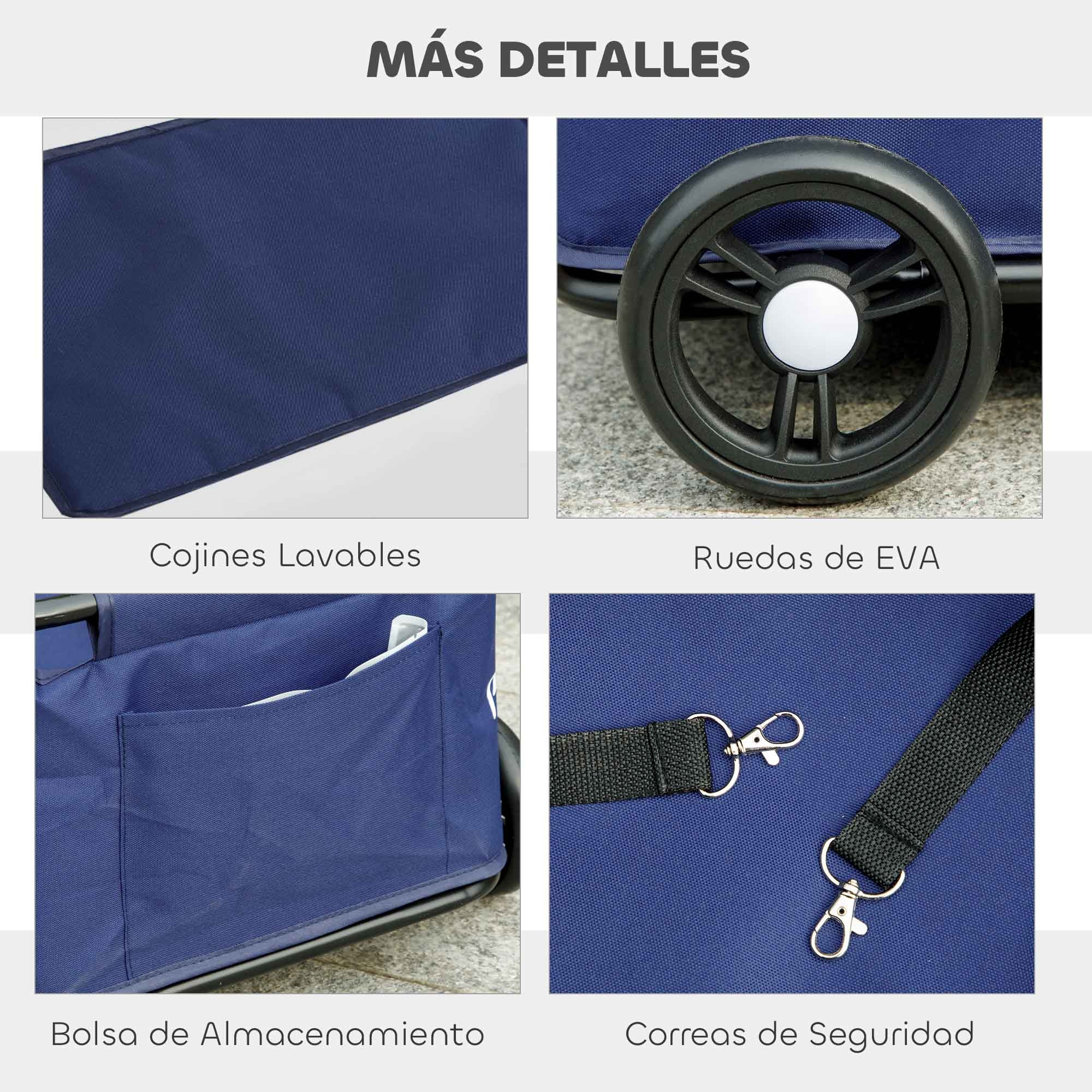 Carrito para Perros Plegable Cochecito para Mascotas Carrito para Perros Miniatura con Barra de Empuje Ajustable Diseño Abierto Cojín Bolsa de Almacenamiento y Ruedas 53x45x28 cm Azul Oscuro