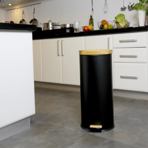 Poubelle bois de cuisine à pédale 30L  FOREST Noir en acier Inox couvercle en bambou avec seau