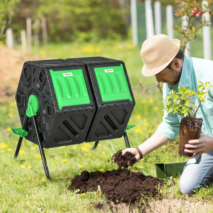 Compostador Giratorio de 130L Contenedor de Compostaje de Jardín de Doble Cámara Compostadora con Aberturas de Ventilación y Patas de Acero 67x60x77 cm Negro