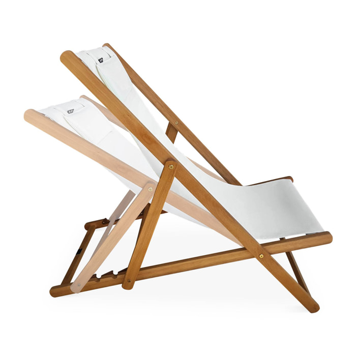 Chiliennes bois - Creus - 2 transats en bois d'Eucalyptus huilé avec coussin repose-tête blanc