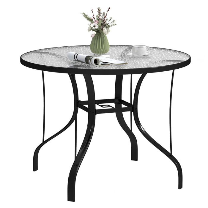 Mesa de Jardín Exterior con Orificio para Sombrilla Mesa de Comedor Exterior con Encimera de Vidrio y Estructura Metálica para Patio Terraza Ø96,5x71 cm Negro