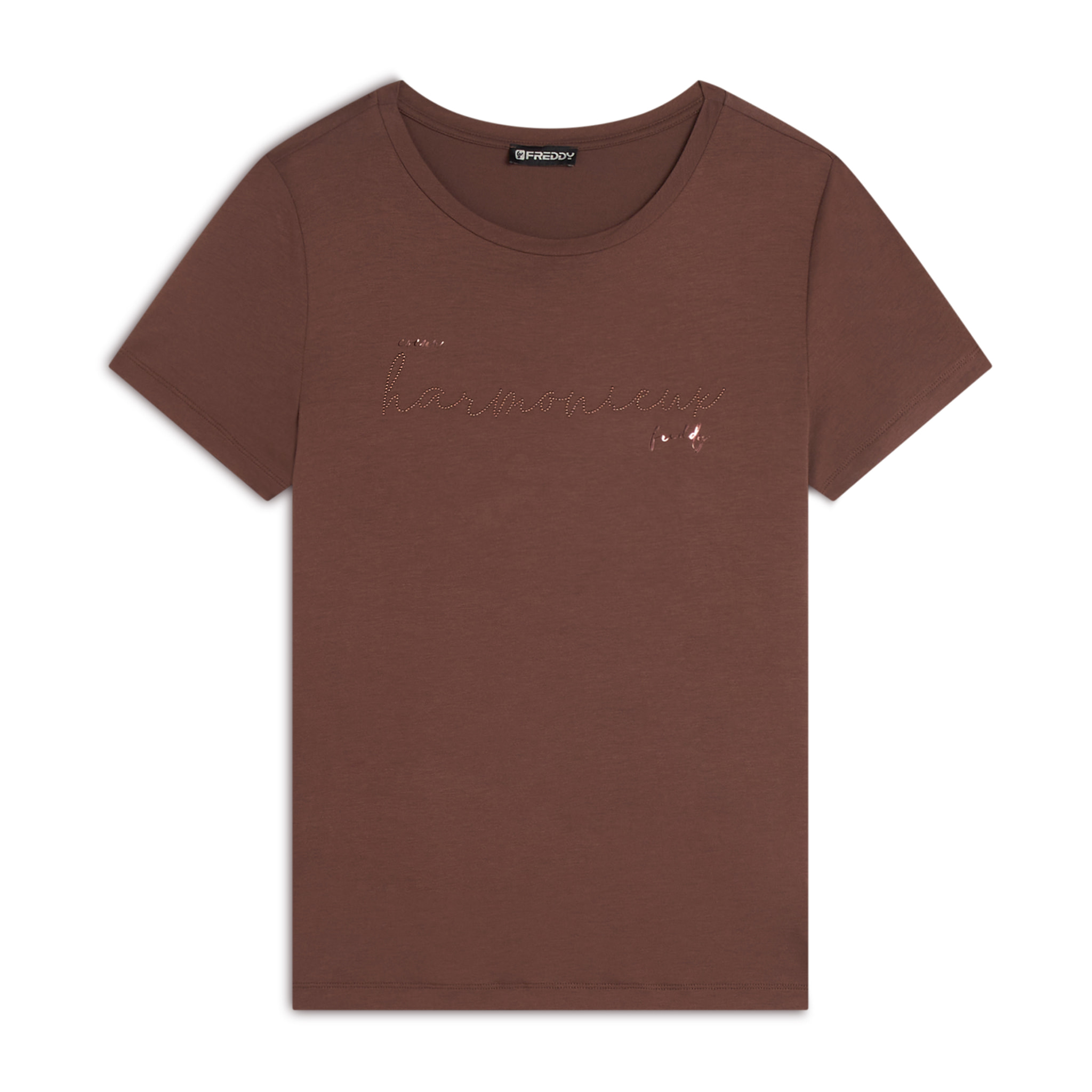 T-shirt donna in jersey viscosa scritta composta da borchie