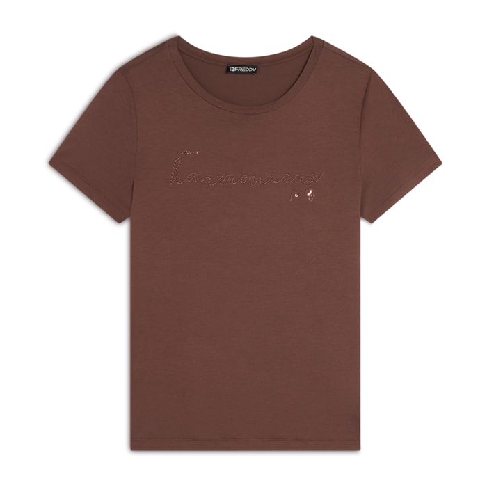 T-shirt donna in jersey viscosa scritta composta da borchie