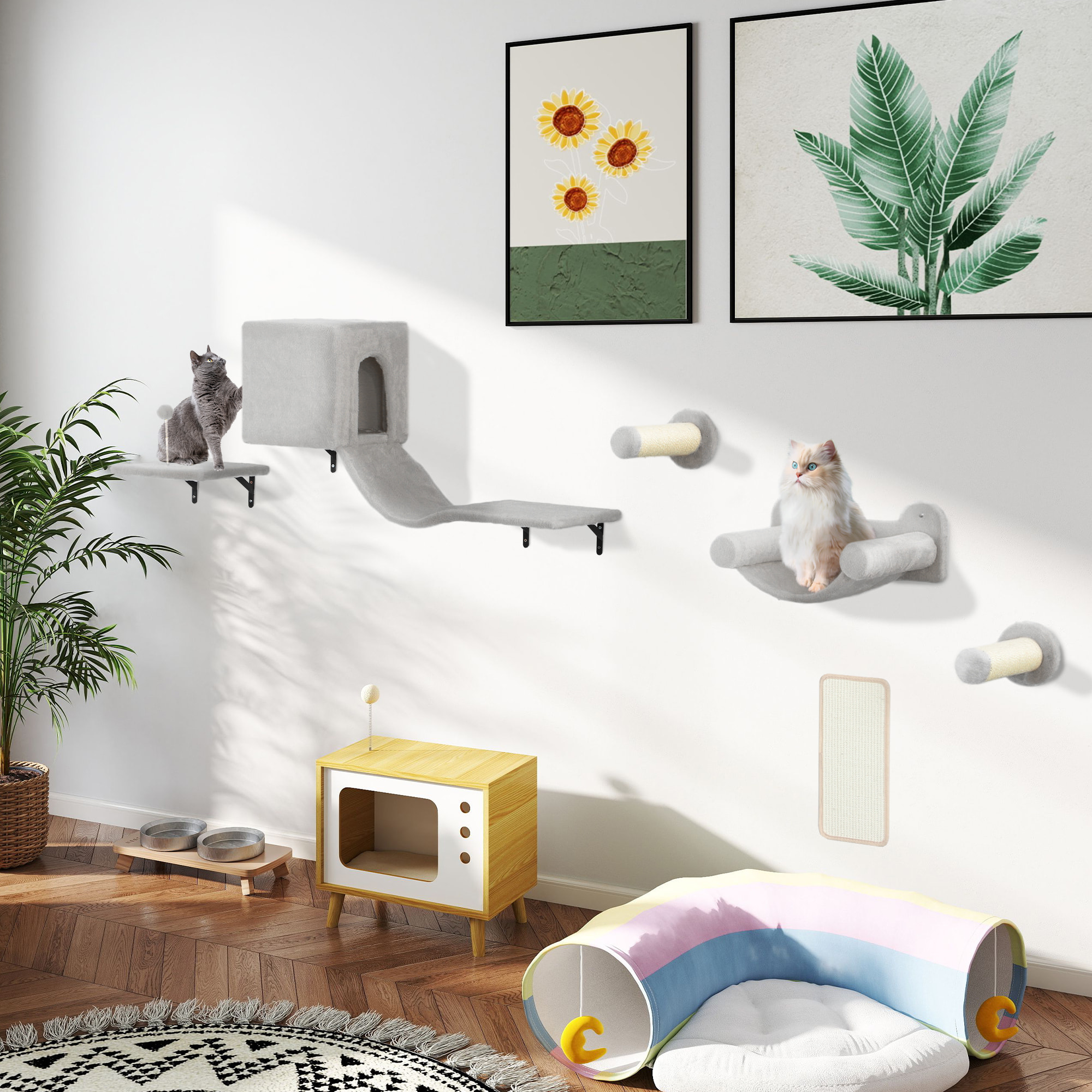 Juego de Pared de Escalada para Gatos de 6 Piezas Estanterías para Gatos con Condominio Plataforma Hamaca Escaleras Percha Tabla Rascador Poste de Sisal Bola de Juguete Gris