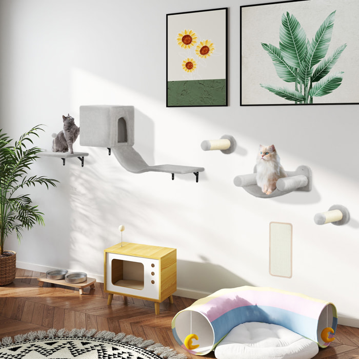 Juego de Pared de Escalada para Gatos de 6 Piezas Estanterías para Gatos con Condominio Plataforma Hamaca Escaleras Percha Tabla Rascador Poste de Sisal Bola de Juguete Gris