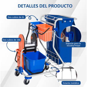 Carro de Limpieza Profesional con Doble Cubo Extraíble de 18 Litros Escurridor de Prensa 2 Cubetas Auxiliares y Bolsa de Basura 93x70x97 cm Azul y Naranja