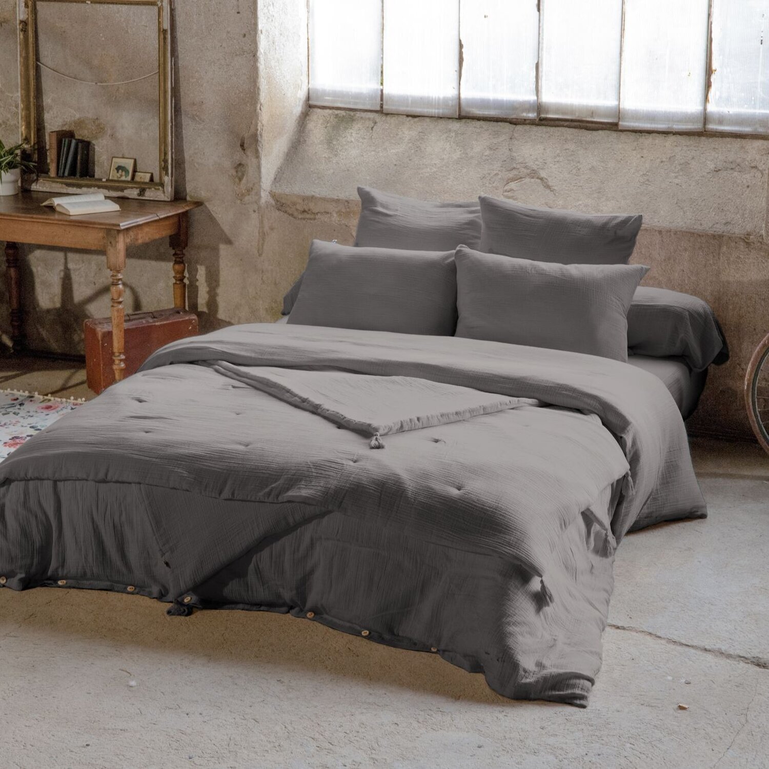 Taie d'oreiller 100 % gaze de coton granit
