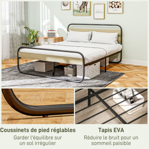 Lit double - tête de lit, pied de lit, sommier - compatible matelas 200L x 160l cm - acier noir aspect chêne clair