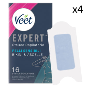 4x Veet Expert Strisce Depilatorie Bikini & Ascelle per Pelli Sensibili - 4 Confezioni da 16 Strisce