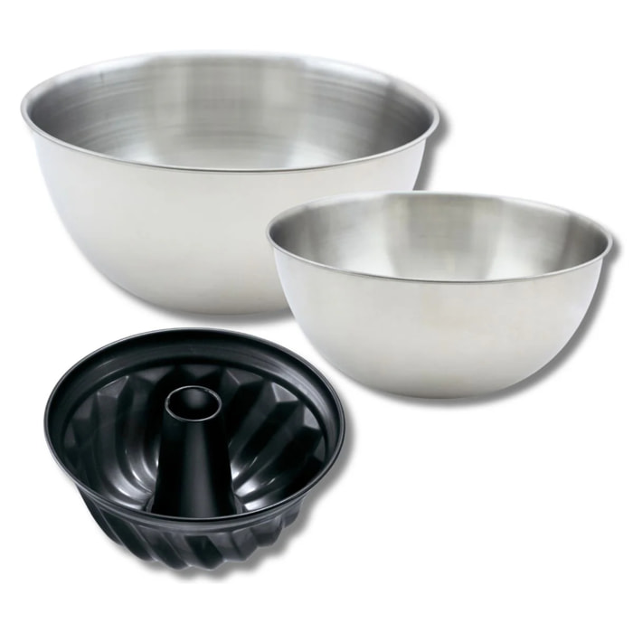 Ensemble avec 1 moule à kouglof 22 cm, 1 spatule Zenker et 2 bols à mixer en inox Fackelmann