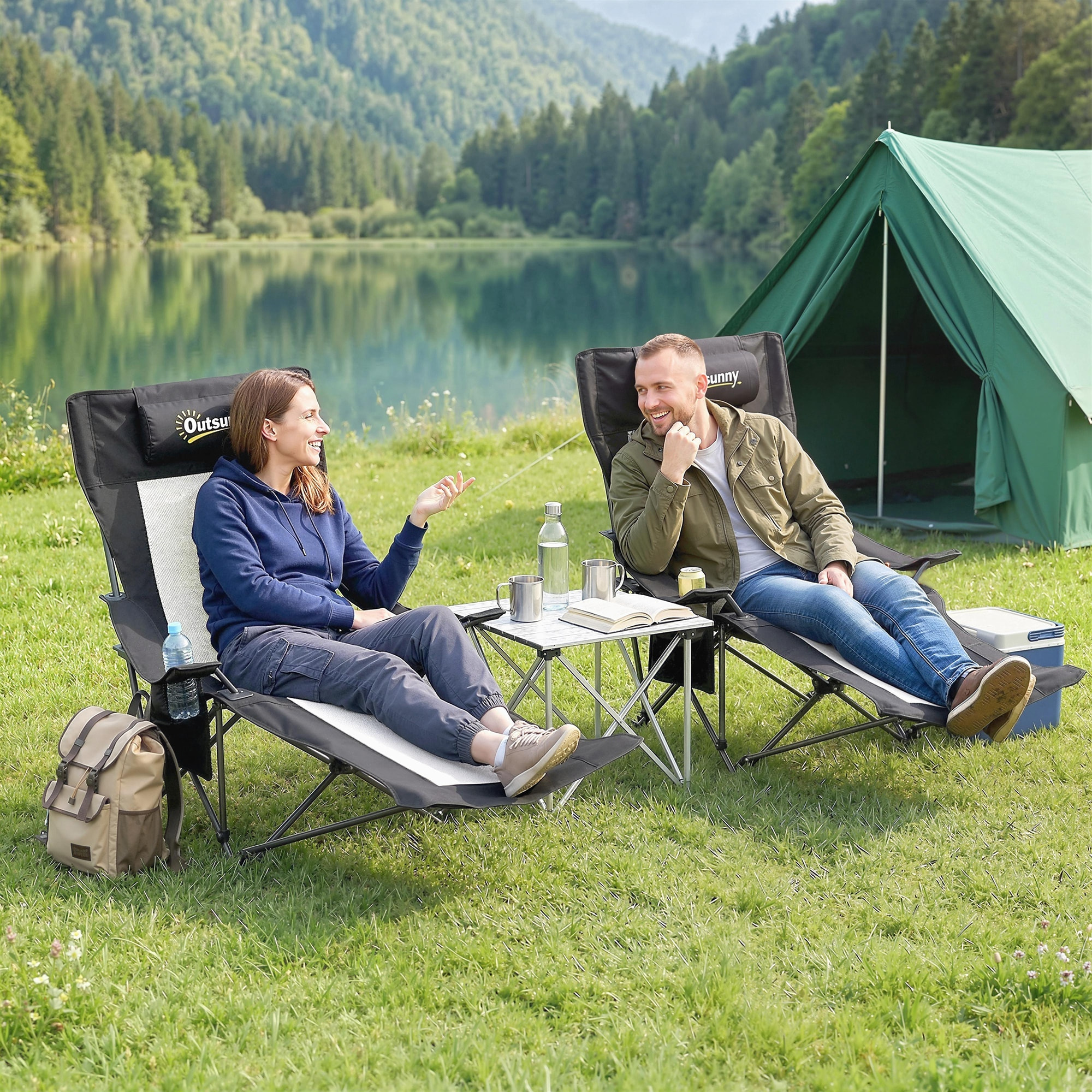 Outsunny Conjunto de 2 Sillas Plegables Camping Tumbonas Camping Portátiles con Respaldo Ajustable 4 Niveles Reposapiés Desmontable Reposacabezas Portavasos Bolsillo Lateral Bolsa Carga 120 kg Negro