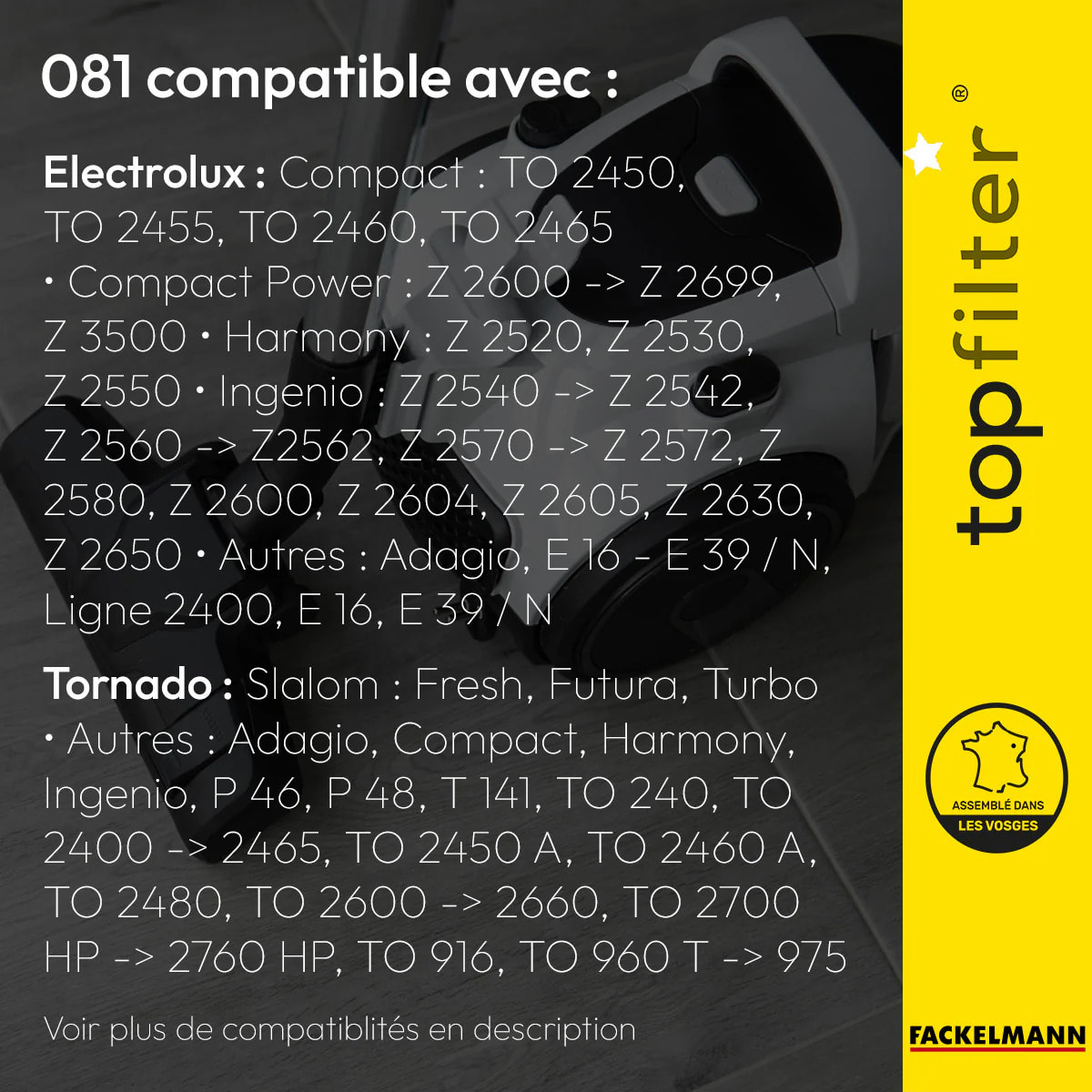 Lot de 4 packs de 4 sacs aspirateur 64081 Electrolux et Tornado TopFilter Premium