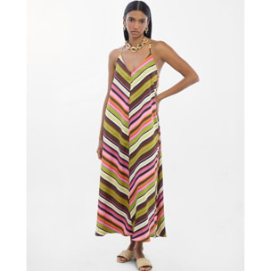 Abito in raso con spalline sottili e stampa multi-righe