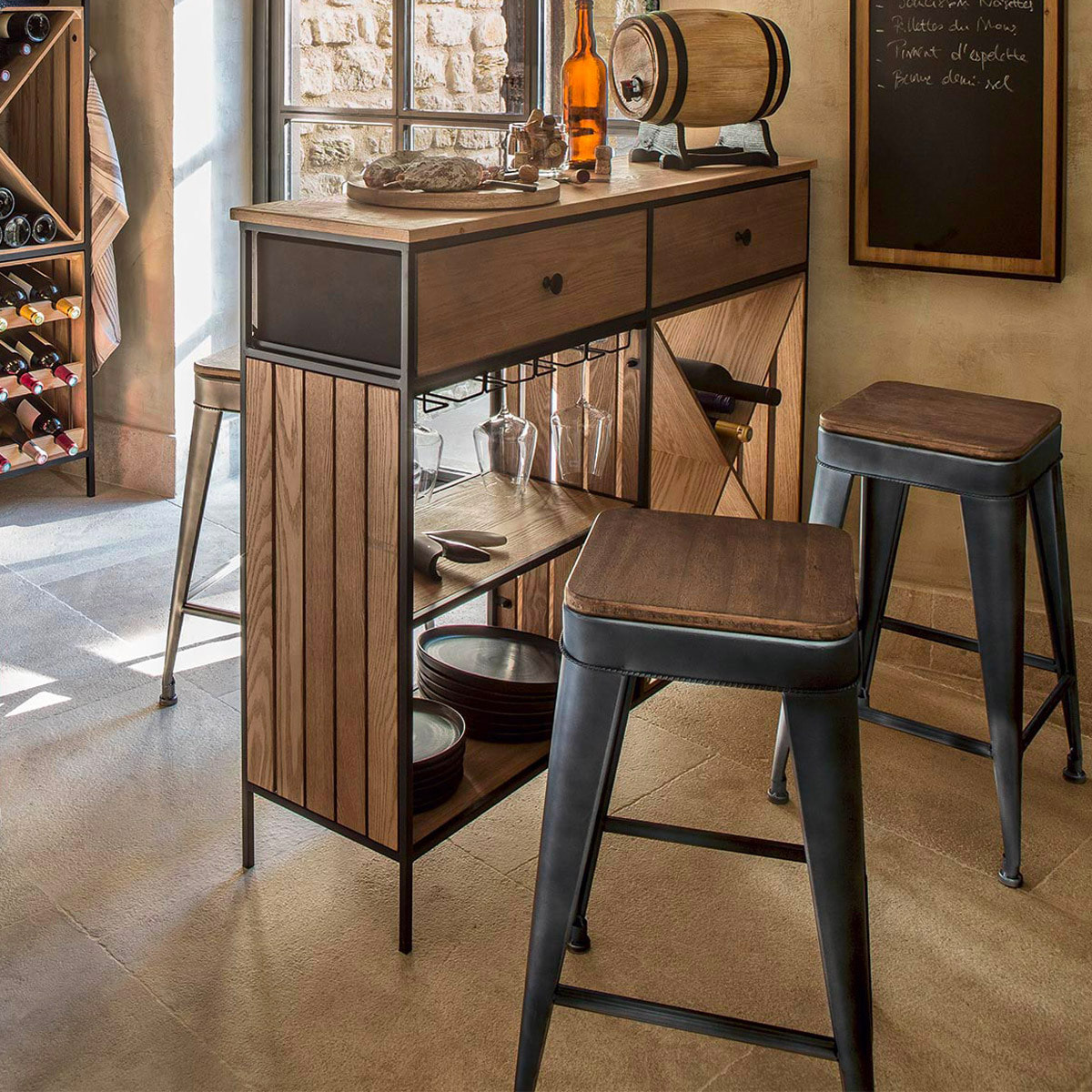 Lot de 2 tabourets bas de bar "Joris" noir - métal & bois
