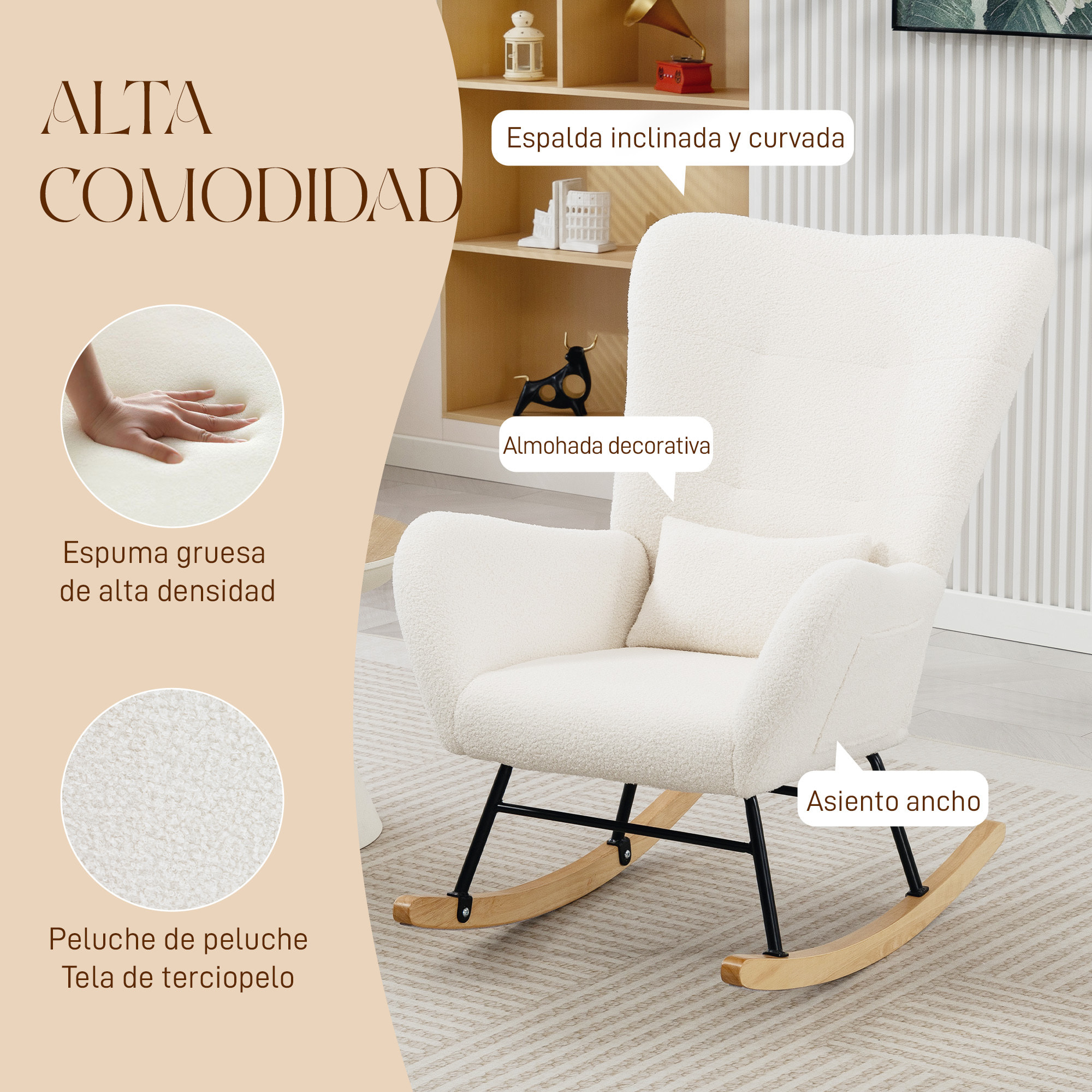 Silla Mecedora Moderna, Mecedora Tapizada en Terciopelo de Teddy, Sillón de Lactancia con Respaldo Acolchado Alto, Almohada, Patas de Madera, Bolsillo Lateral, para Dormitorio, Salón, Crema