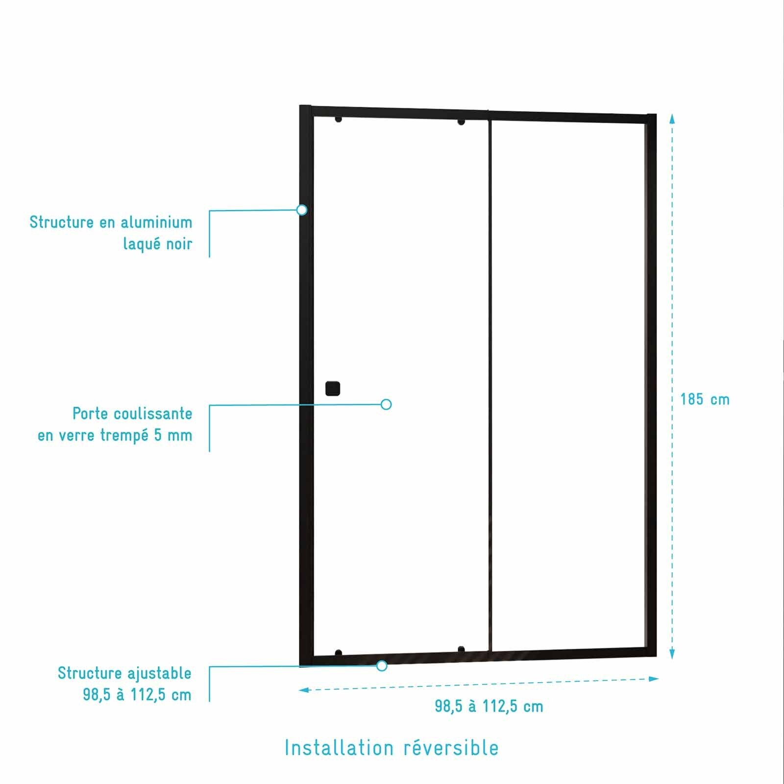 Porte de douche Coulissante Noir 100x185cm - Extensible de 98.5 à 112.5cm - BLACK SLIDE 100