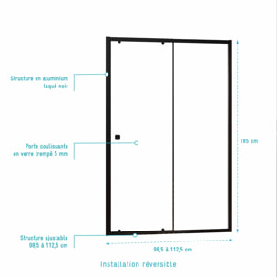 Porte de douche Coulissante Noir 100x185cm - Extensible de 98.5 à 112.5cm - BLACK SLIDE 100