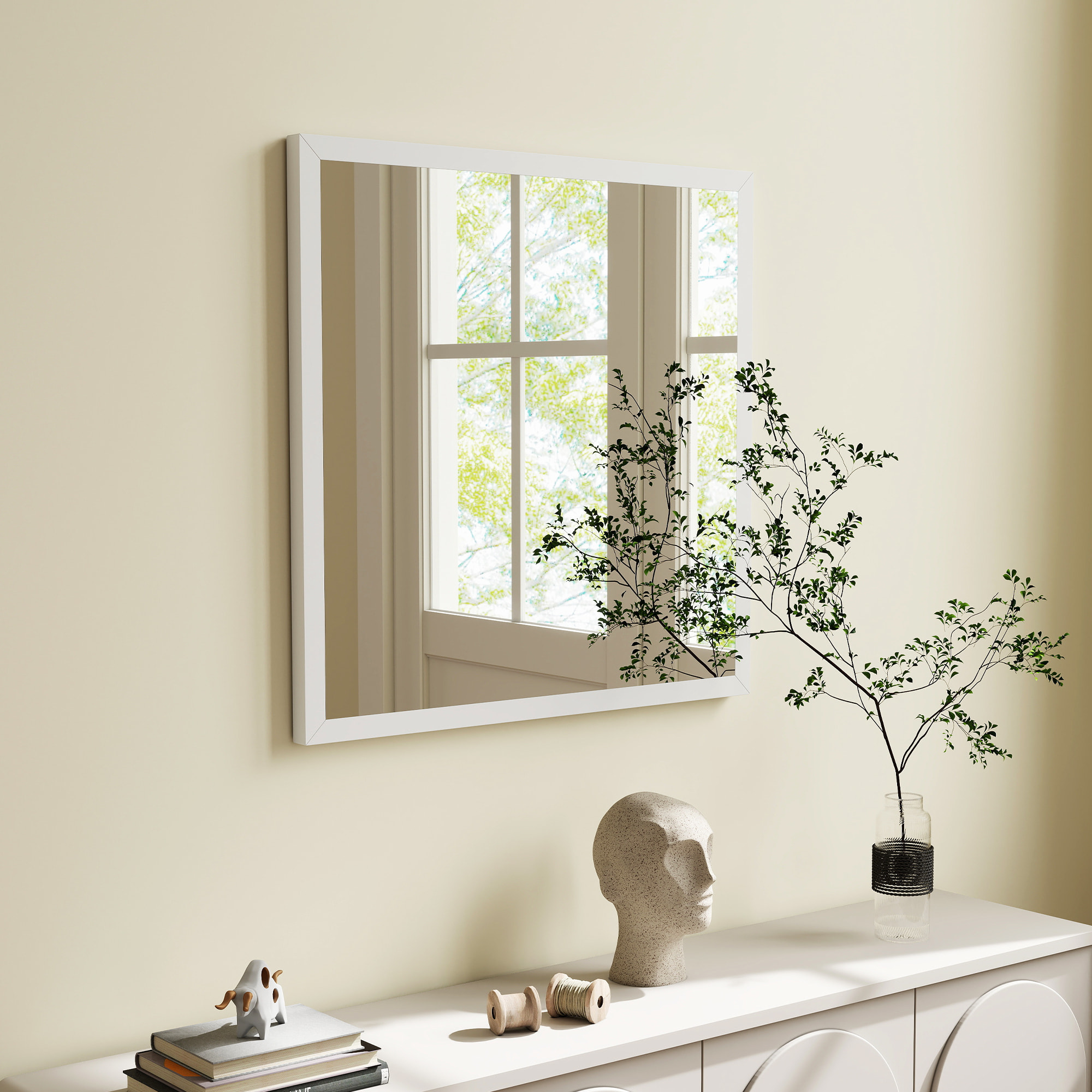 Miroir mural carré dim. 50L x 50H cm cadre bois blanc