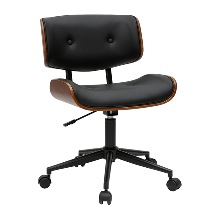 Chaise de bureau à roulettes noire et bois foncé BASILE