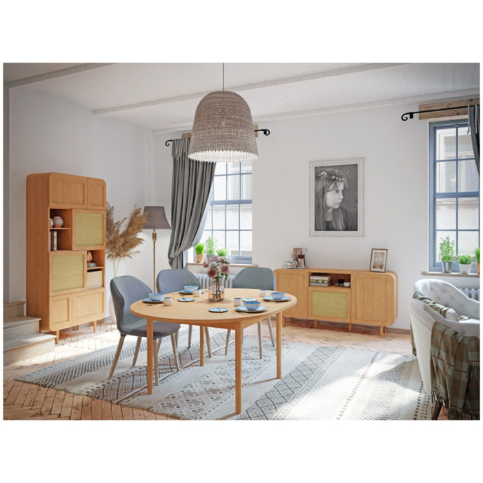 Vaisselier 212 cm 6 portes rotin décor chêne angles arrondis - BEVERLY