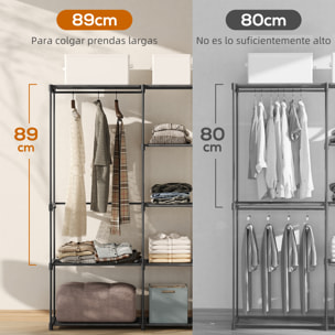 Armario de Ropa, Perchero, 182x43x185 cm, Armario Abierto con 8 Estantes de Tela, Barras para Colgar, Marco de Metal, para Dormitorio, Salón, Vestidor, Negro