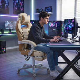 Silla Gaming, Silla Gamer Reclinable, con Altura Ajustable, Reposapiés Retráctil, Soporte Lumbar y Reposacabezas Desmontable, para Oficina, Estudio, Crema