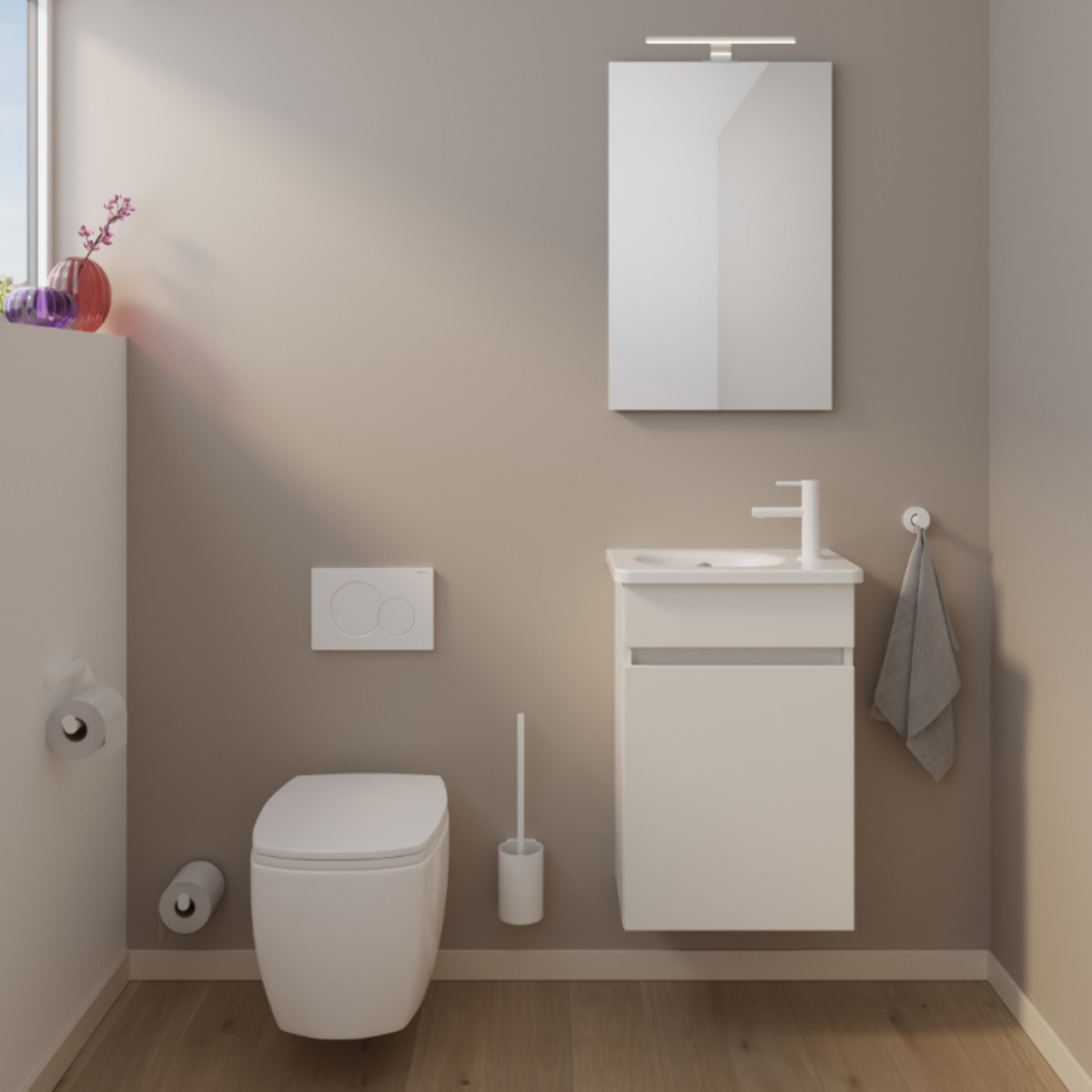 Pack meuble suspendu lave-mains Joline blanc mat + Robinet lave-mains eau froide Duravit Wave Inox brossé