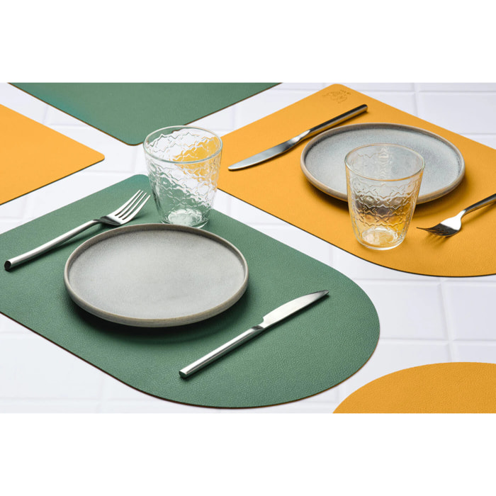 Set de table rectangovale réversible - 6 pièces - Cuir recyclé jaune moutarde et vert sapin