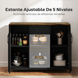 Aparador de 2 Puertas con Orificios, Aparador para Salón con Cajón, Compartimentos Abiertos, Estantes Ajustables, para Cocina, Entrada, Oficina, Negro y Marrón Rústico, 100x40x80 cm