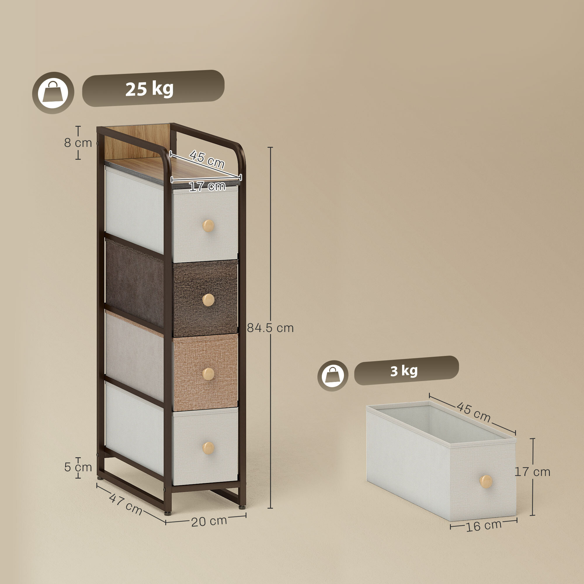 Cómoda con 4 Cajones de Tela, Cómoda para Dormitorio Estrecha con Marco de Acero, Cajonera para Espacios Pequeños, Sala de Estar, Vestidor, Baño, Multicolor