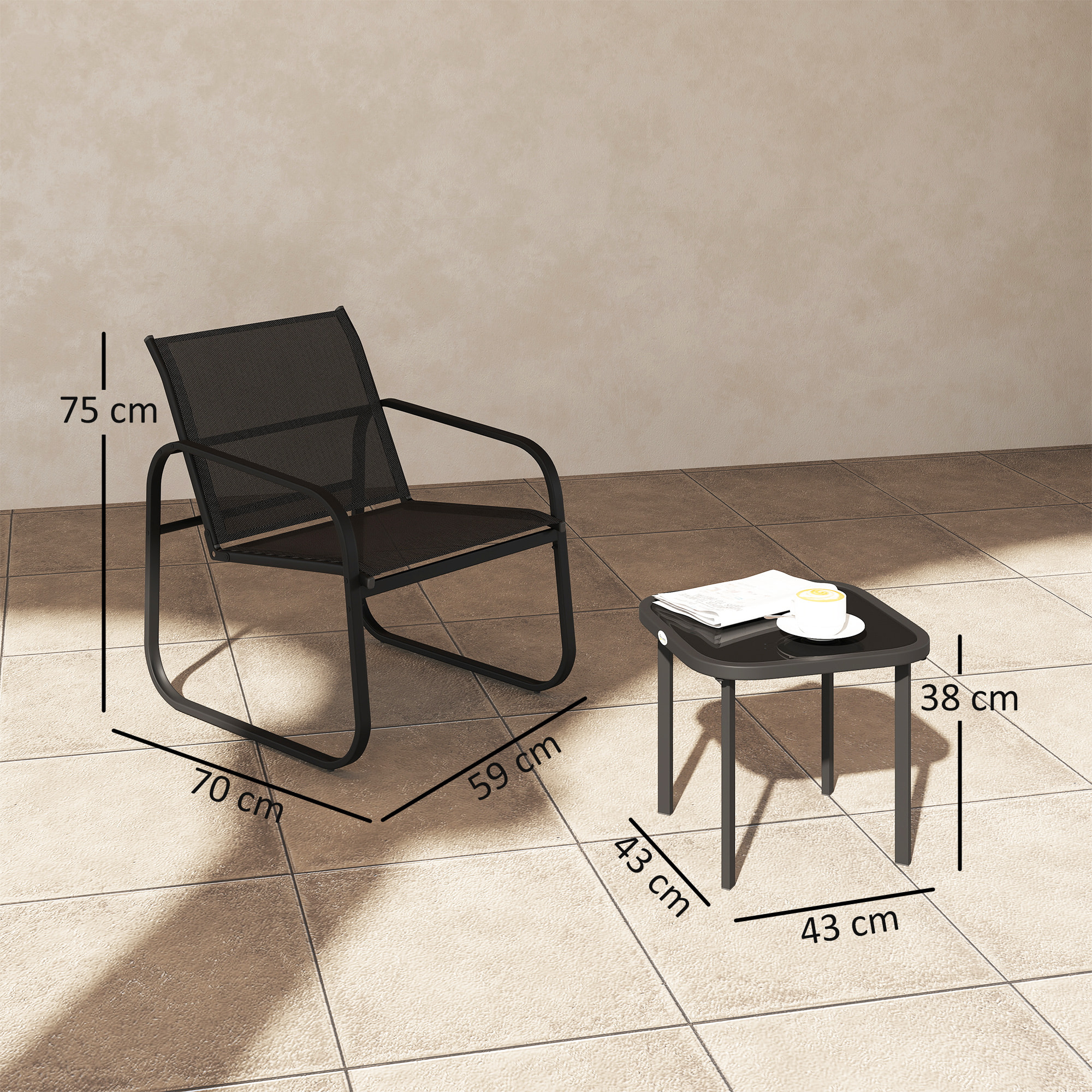 Ensemble bistrot de jardin relax 2 personnes 3 pièces plateau verre trempé acier textilène noir