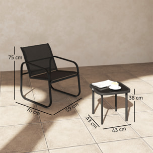 Ensemble bistrot de jardin relax 2 personnes 3 pièces plateau verre trempé acier textilène noir