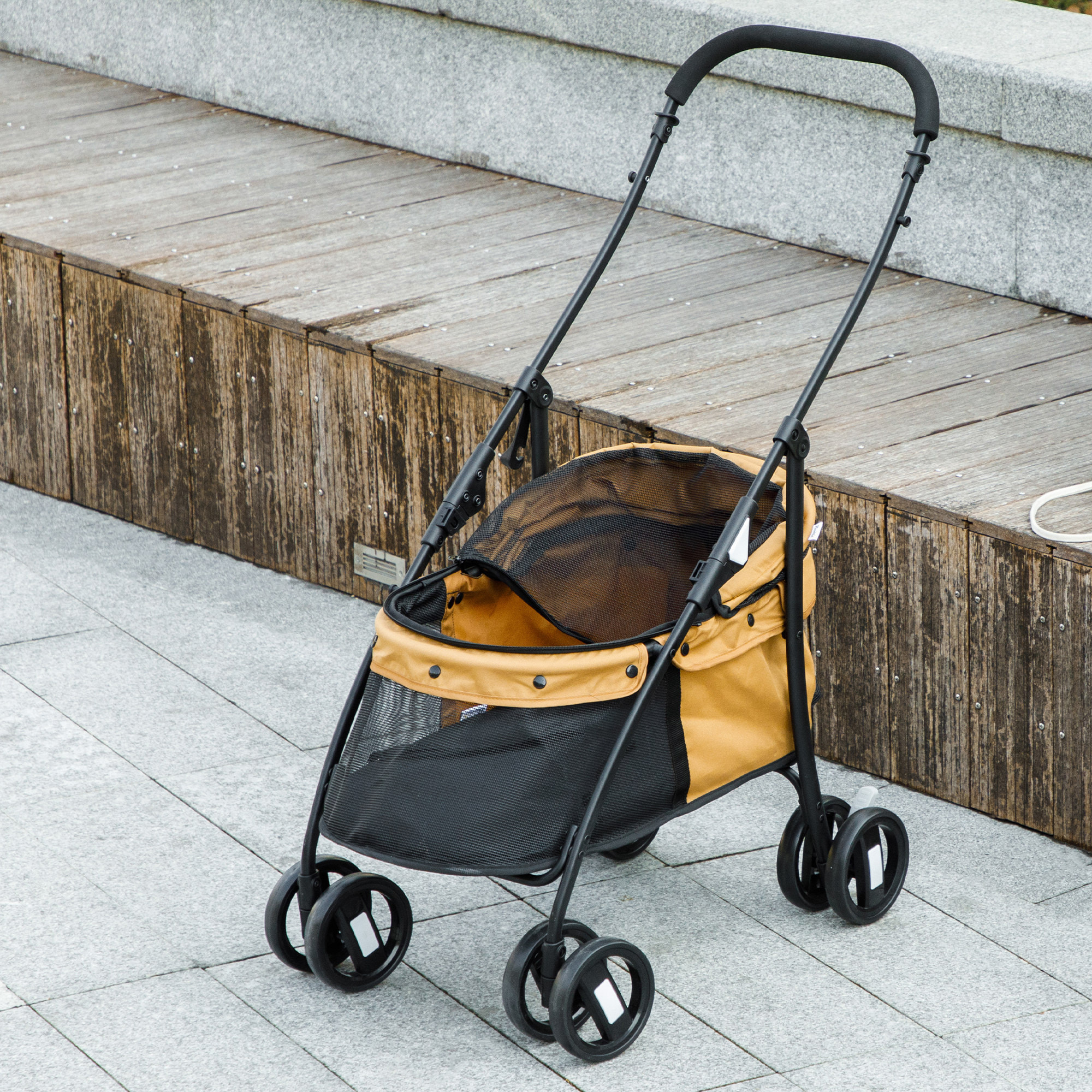 PawHut Carrito para Perros Plegable Cochecito para Mascotas Cochecito para Perros Pequeños con Ventanas de Malla Cojín Lavable Correas de Seguridad y Marco de Acero Café