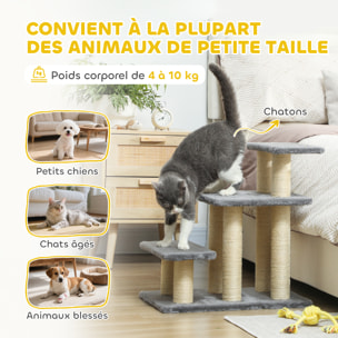 Escalier pour chat 3 marches - 6 poteaux griffoirs, jeu boule suspendue - sisal peluche gris