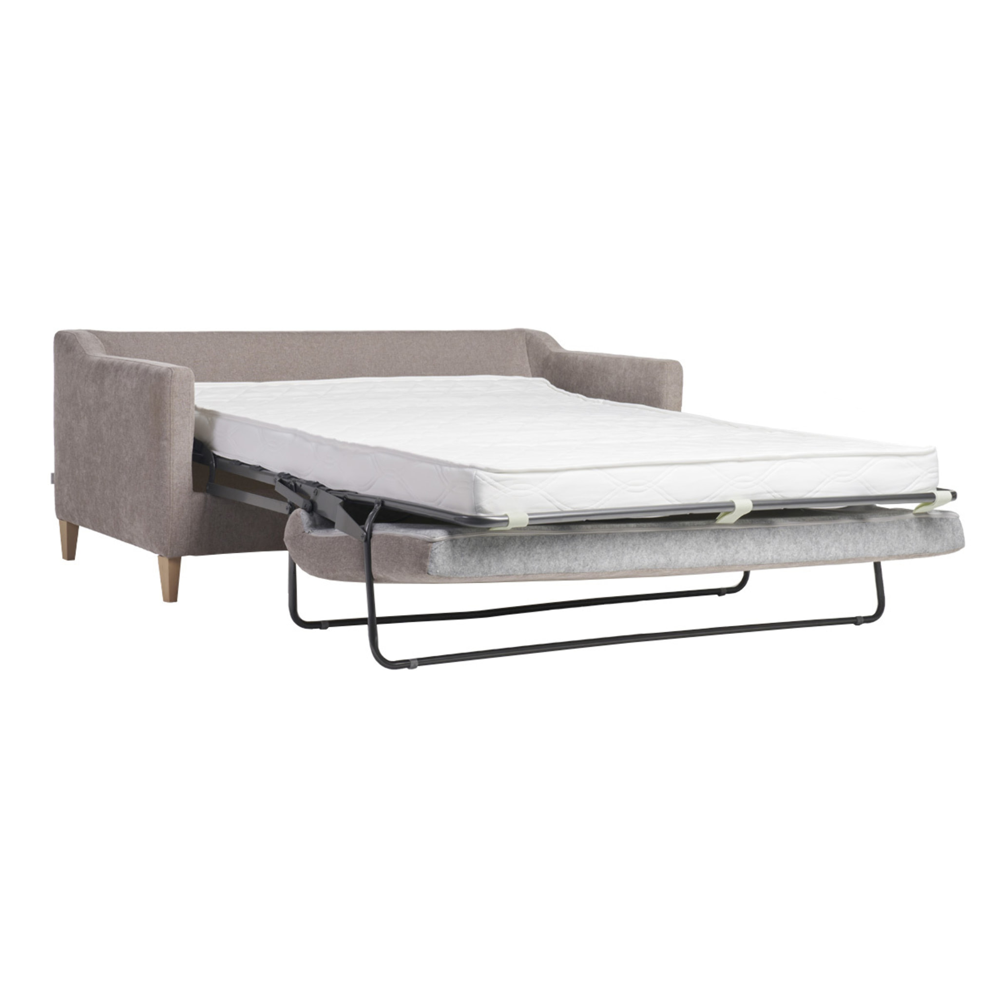 Canapé convertible scandinave 3 places en tissu effet velours taupe et bois clair LOUISE