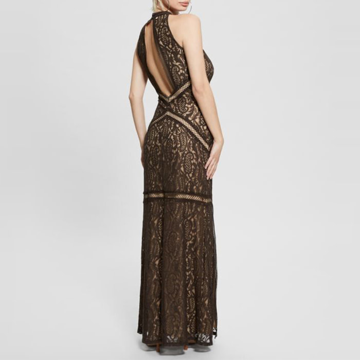 Robe Liza - coupe slim - fentes - en dentelle - marron