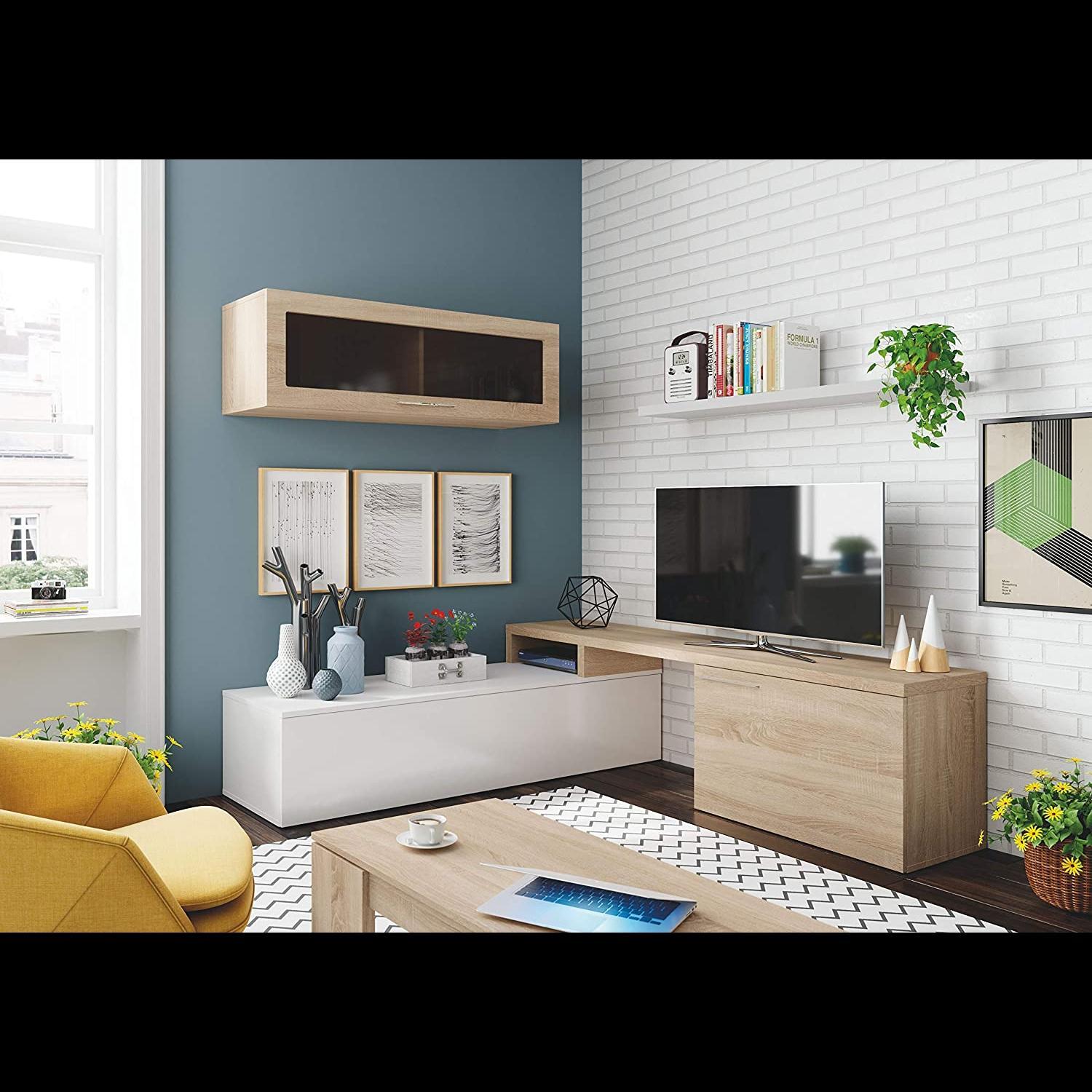 Parete Attrezzata Soggiorno Moderna Salotto con Mobile TV Modulo Sospeso Anta in Vetro Fumé Mensola Scandinavo Moderno 200x43x41 Cm Bianco Rovere