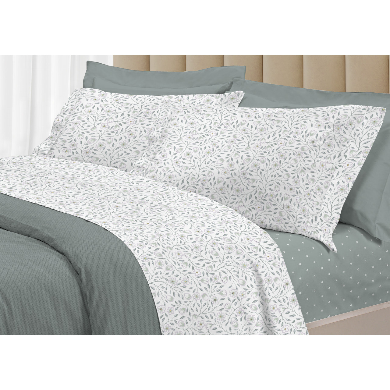 Completo Lenzuola Linea 3027 In Percalle Fantasia Floreale Disegno Melody Verde