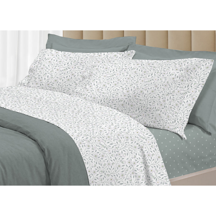 Completo Lenzuola Linea 3027 In Percalle Fantasia Floreale Disegno Melody Verde