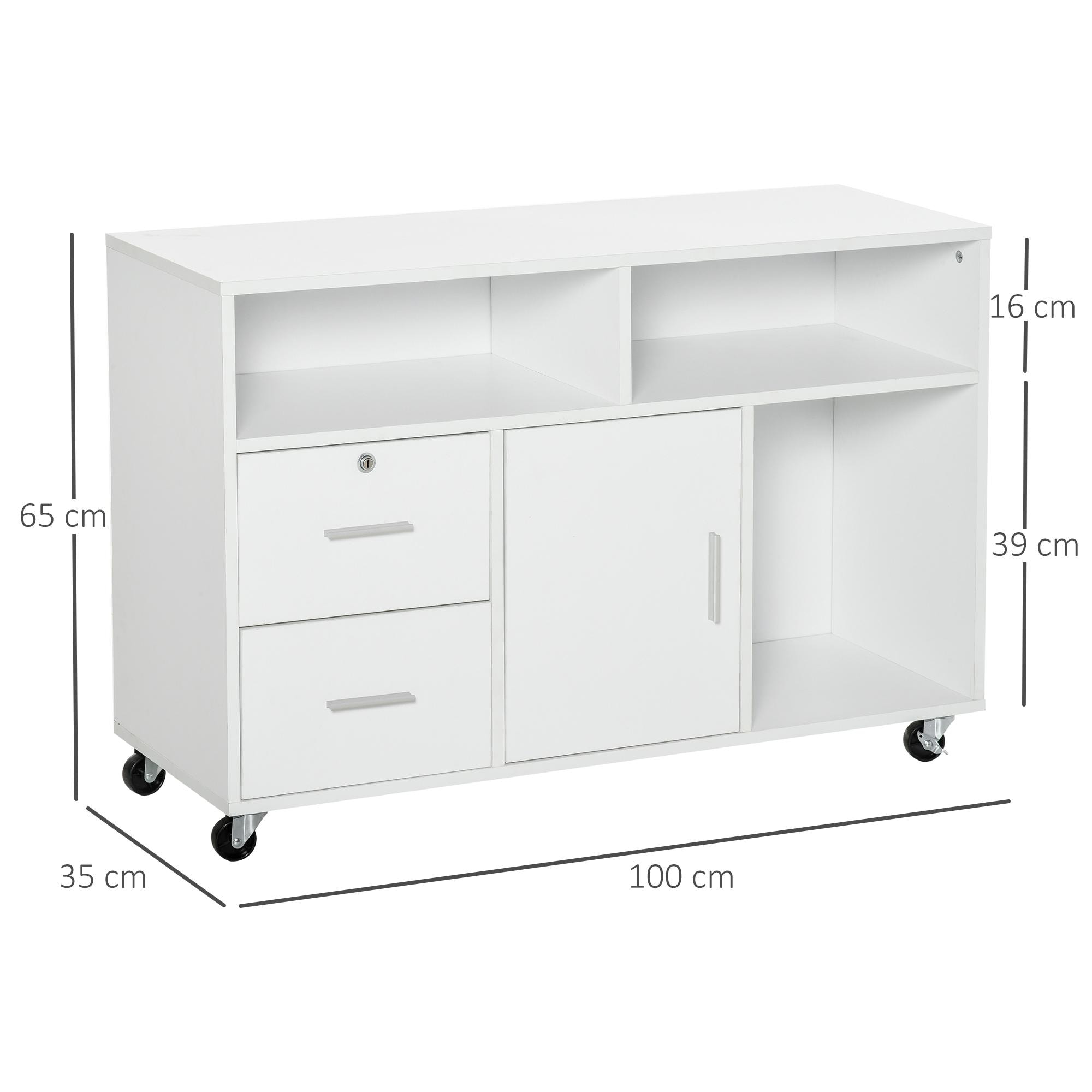 HOMCOM Mueble Auxiliar de Oficina Mueble Archivador con Ruedas Estantes y Cajones Armario Multiusos con Gran Almacenaje 100x35x65 cm Blanco