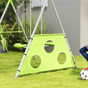 Portique balançoire enfant 4 en 1 - face à face, balançoire, panier basket-ball, cible football - acier gris vert pomme