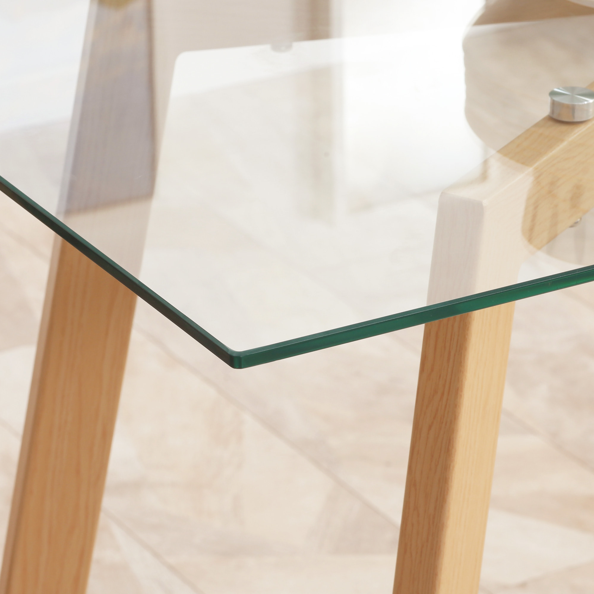 Table à manger style nordique 4 pers. dim. 120 x 60 x 76 cm piètement acier effet bois plateau verre trempé 8 mm