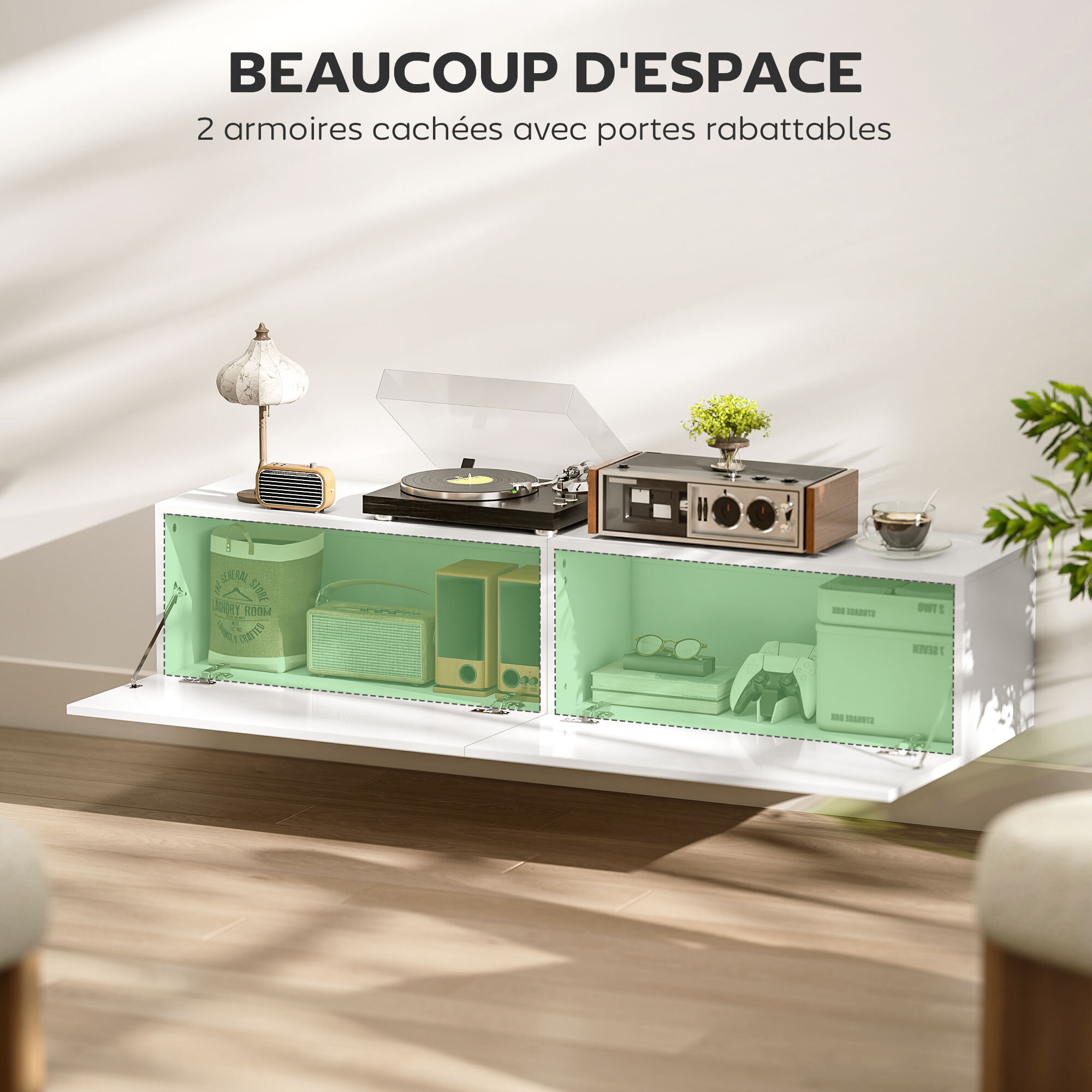 Meuble TV suspendu meuble TV flottant design façade blanc laqué 2 portes