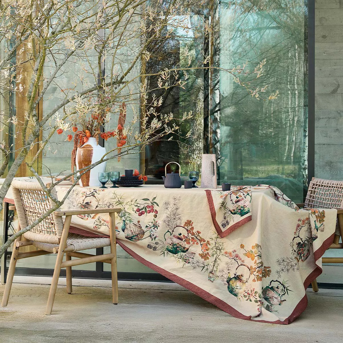 Chemin de table lin & coton lavé 190 g/m² imprimé vert orange Theieres rouille