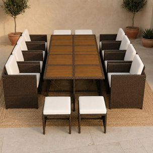 Salon de jardin 12 pl en résine marron et coussins beige + housse CASCO