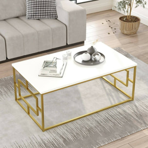 Tavolino da salotto Dhelgaso, Tavolo basso da caffè, Portariviste per divano, Ripiano da soggiorno, 100x60h40 cm, Bianco e Oro